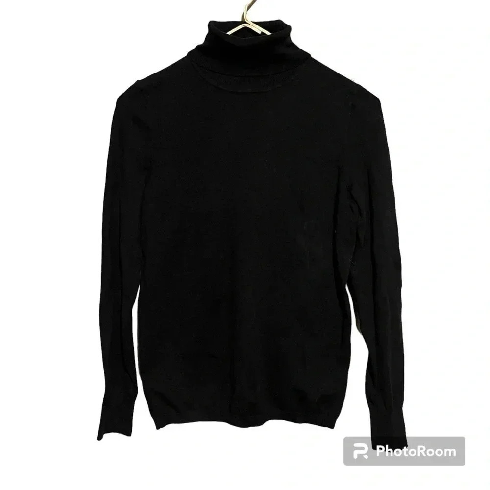 Talbots Turtleneck Sweater Size M Black Stretch Knit Long Sleeve Cotton Blend